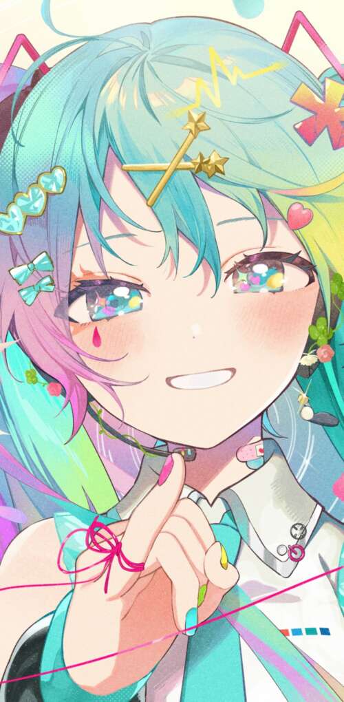 A vibrant and colorful anime-style portrait of Hatsune Miku from Vocaloid. Huawei Mate 30 Pro hd background