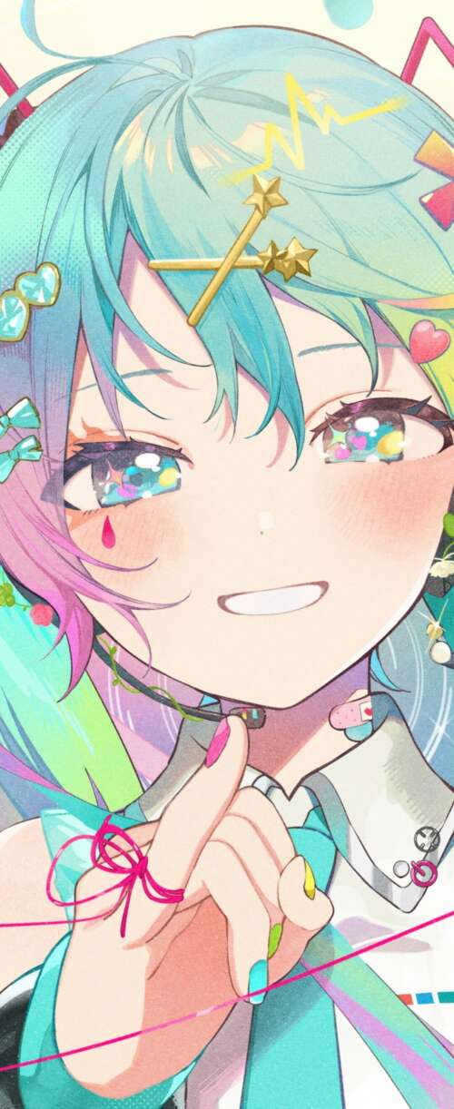 A vibrant and colorful anime-style portrait of Hatsune Miku from Vocaloid. Samsung Galaxy Z Flip7 FE wallpaper photo gallery download