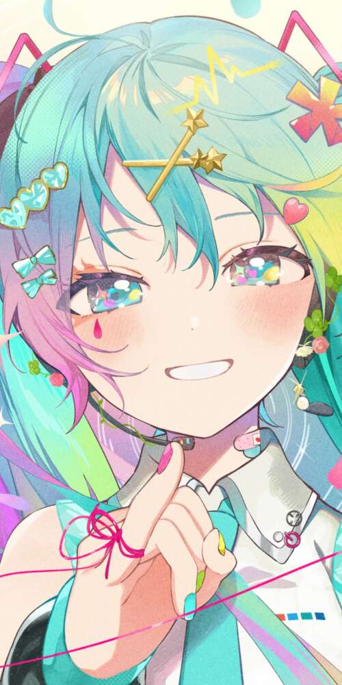 A vibrant and colorful anime-style portrait of Hatsune Miku from Vocaloid. Doogee Fire 3 Ultra pictures for wallpaper
