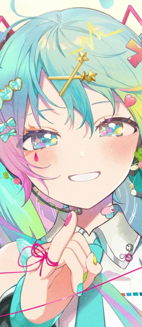 A vibrant and colorful anime-style portrait of Hatsune Miku from Vocaloid. Xiaomi Redmi 14C 5G wallpaper download