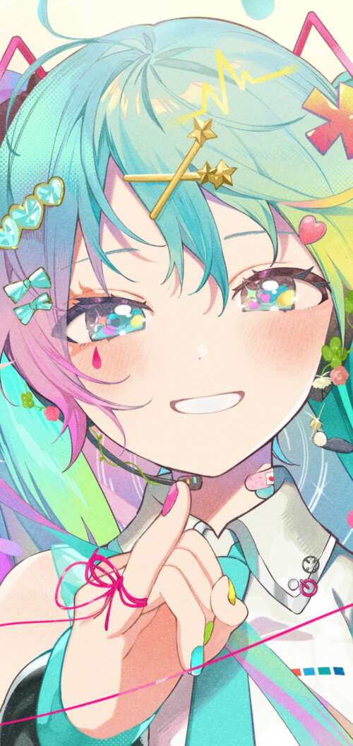 A vibrant and colorful anime-style portrait of Hatsune Miku from Vocaloid. Oppo A6 free background images