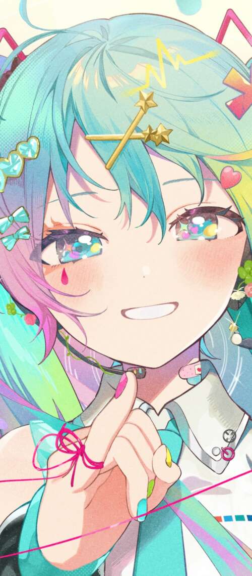 A vibrant and colorful anime-style portrait of Hatsune Miku from Vocaloid. Oukitel WP56 hd background