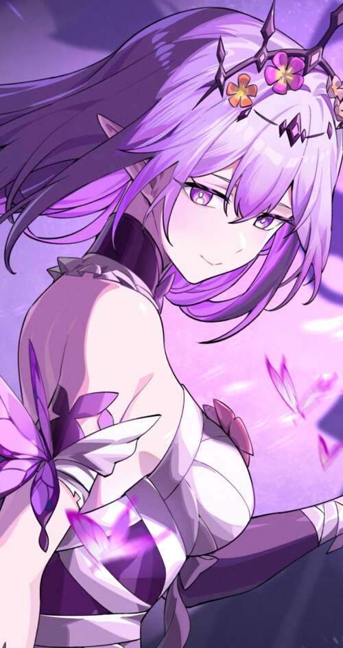 Anime girl with purple magical energy and floating purple butterflies Sharp Aquos C10 wallpaper download