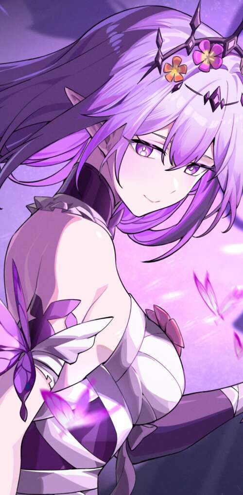 Anime girl with purple magical energy and floating purple butterflies Huawei Mate 30 Pro wallpaper download
