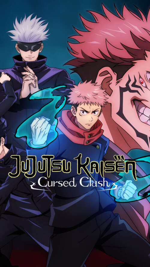 Action-packed illustration of Sukuna, Satoru Gojo, and Yuji Itadori from Jujutsu... Apple iPhone SE 2022 hand phone wallpaper