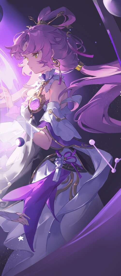 Fu Xuan from Honkai: Star Rail featuring a purple cosmic aesthetic and fantasy anime... wallpaper