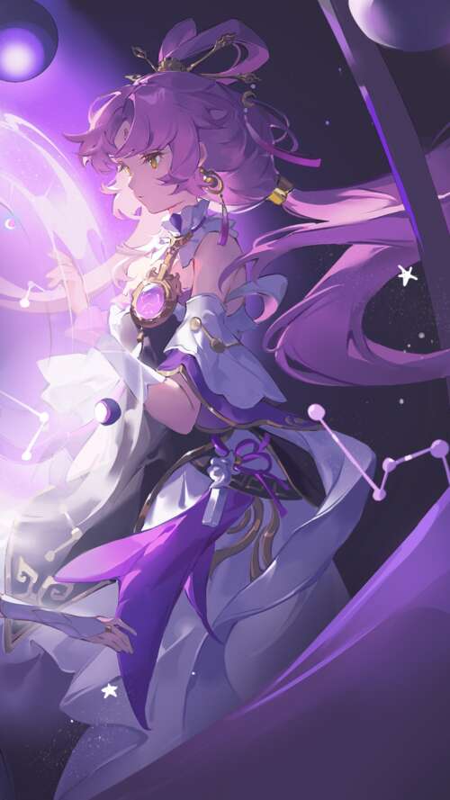 Fu Xuan from Honkai: Star Rail featuring a purple cosmic aesthetic and fantasy anime... Apple iPhone SE 2022 wallpaper photo gallery download