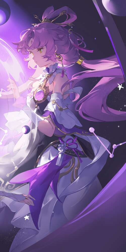 Fu Xuan from Honkai: Star Rail featuring a purple cosmic aesthetic and fantasy anime... Doogee Fire 3 Ultra wallpaper download
