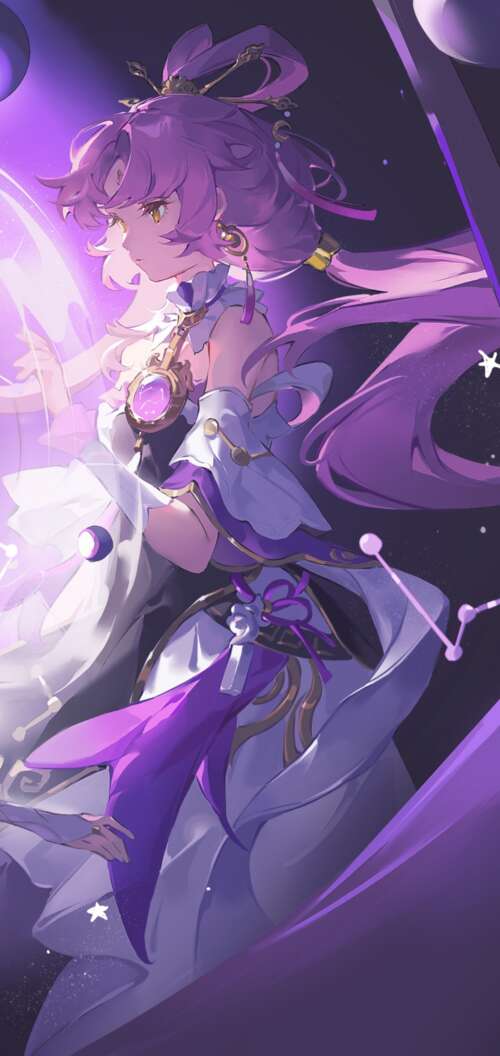 Fu Xuan from Honkai: Star Rail featuring a purple cosmic aesthetic and fantasy anime... Oppo A6 background images hd