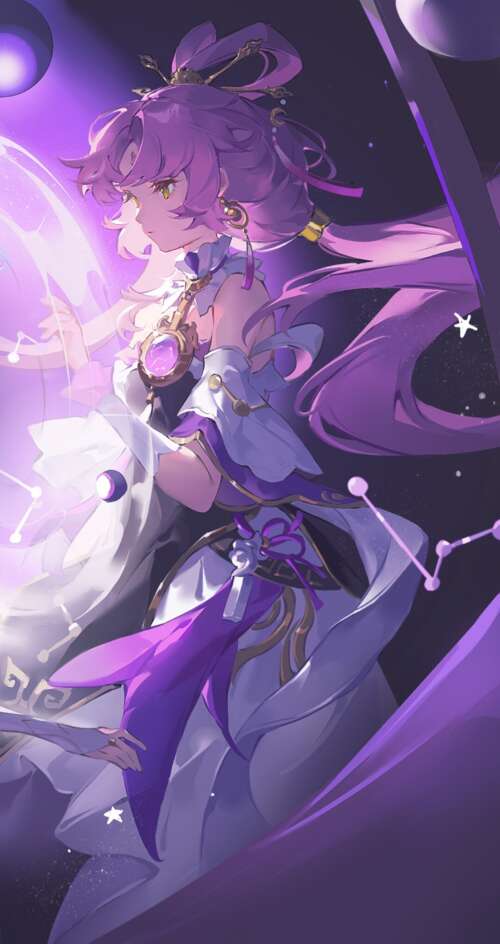 Fu Xuan from Honkai: Star Rail featuring a purple cosmic aesthetic and fantasy anime... Sharp Aquos C10 high definition wallpaper