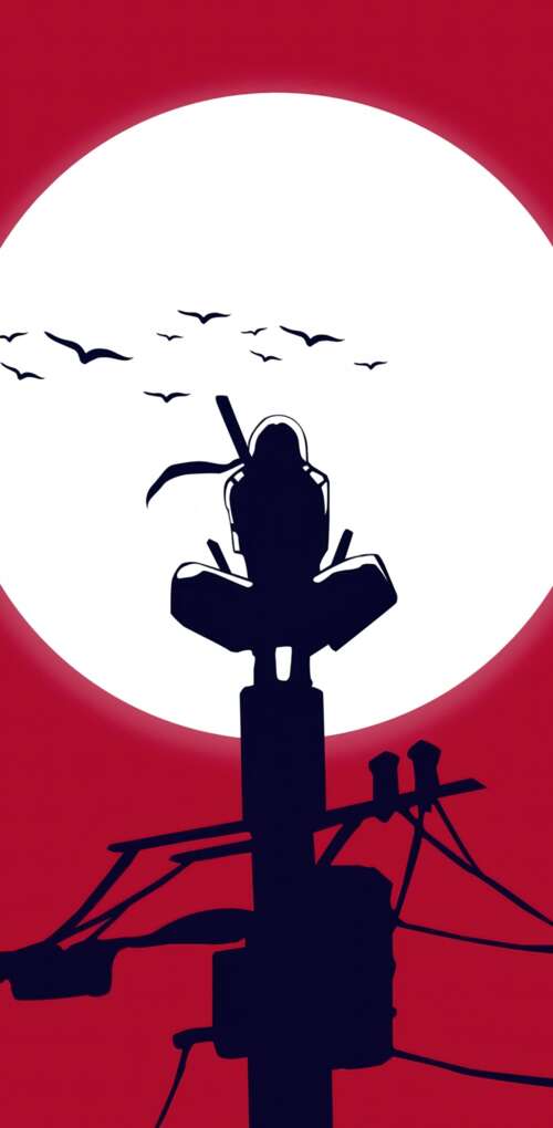 Minimalist illustration of Itachi Uchiha from Naruto featuring a large moon on a... Huawei Mate 30 Pro mobile wallpaper