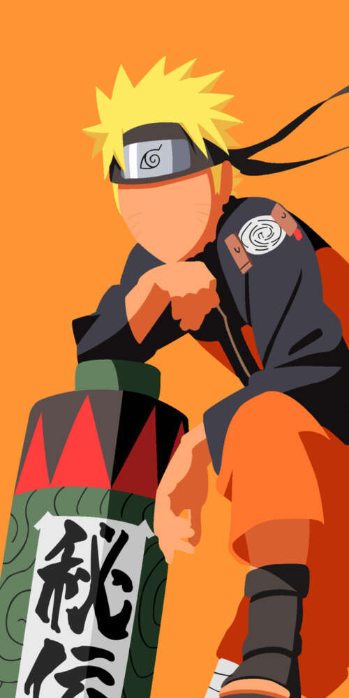 A minimalist, faceless depiction of Naruto Uzumaki from Naruto against a bright orange... wallpaper