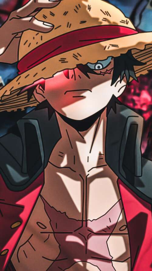 A detailed digital illustration of Monkey D. Luffy from One Piece wearing his signature... Apple iPhone SE 2022 wallpaper