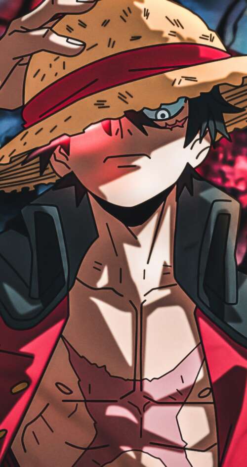 A detailed digital illustration of Monkey D. Luffy from One Piece wearing his signature... Sharp Aquos C10 lock screen wallpaper