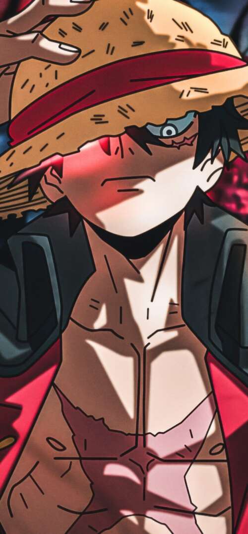 A detailed digital illustration of Monkey D. Luffy from One Piece wearing his signature... UmiDigi Umidigi X lock screen wallpaper