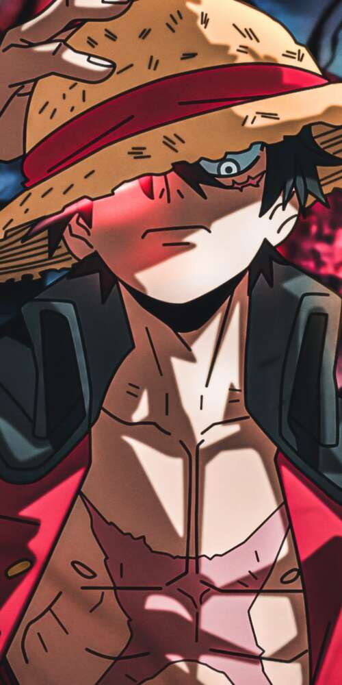 A detailed digital illustration of Monkey D. Luffy from One Piece wearing his signature... Doogee Fire 3 Ultra download free phone wallpaper