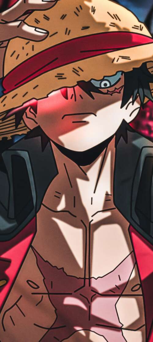 A detailed digital illustration of Monkey D. Luffy from One Piece wearing his signature... Oukitel C65 hand phone wallpaper