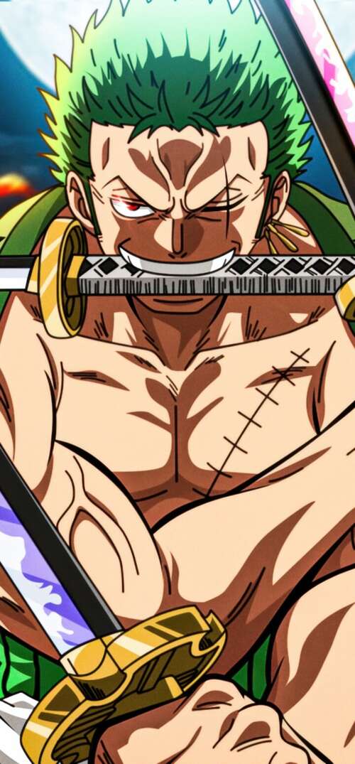Detailed illustration of Roronoa Zoro from One Piece performing his iconic Three... wallpaper