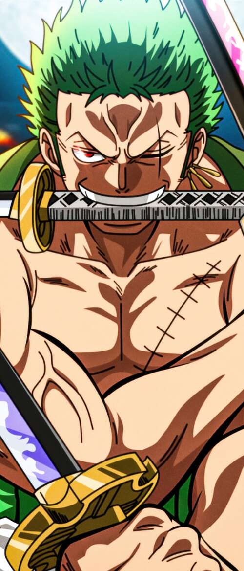 Detailed illustration of Roronoa Zoro from One Piece performing his iconic Three... Samsung Galaxy Z TriFold download free phone wallpaper