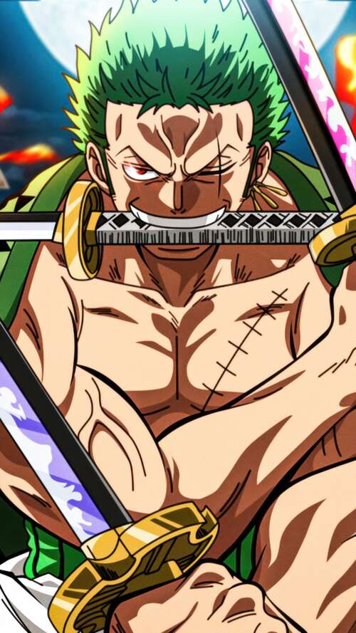 Detailed illustration of Roronoa Zoro from One Piece performing his iconic Three... Apple iPhone SE 2022 wallpaper images