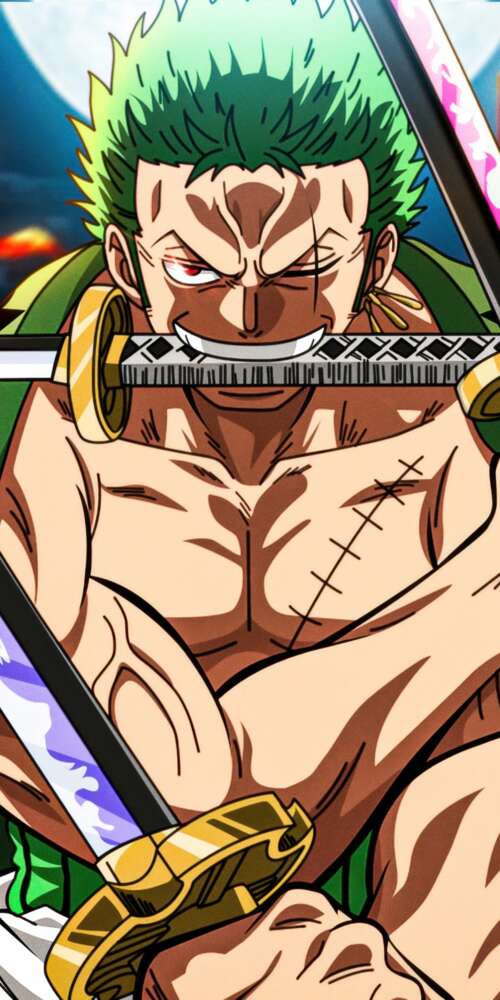 Detailed illustration of Roronoa Zoro from One Piece performing his iconic Three... Doogee Fire 3 Ultra wallpaper