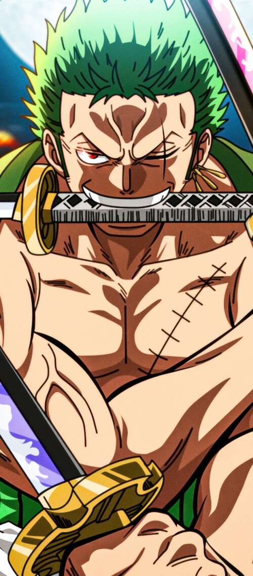 Detailed illustration of Roronoa Zoro from One Piece performing his iconic Three... Oukitel WP56 wallpaper download