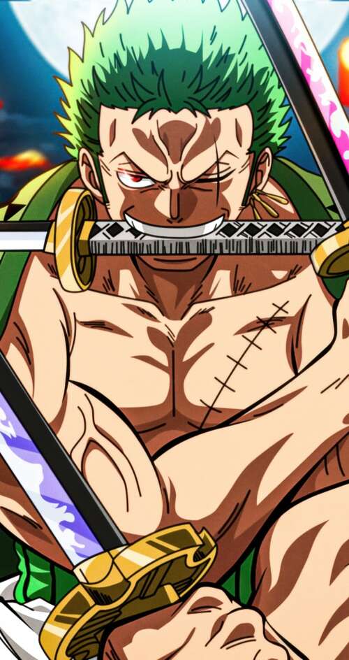 Detailed illustration of Roronoa Zoro from One Piece performing his iconic Three... Sharp Aquos C10 wallpaper download