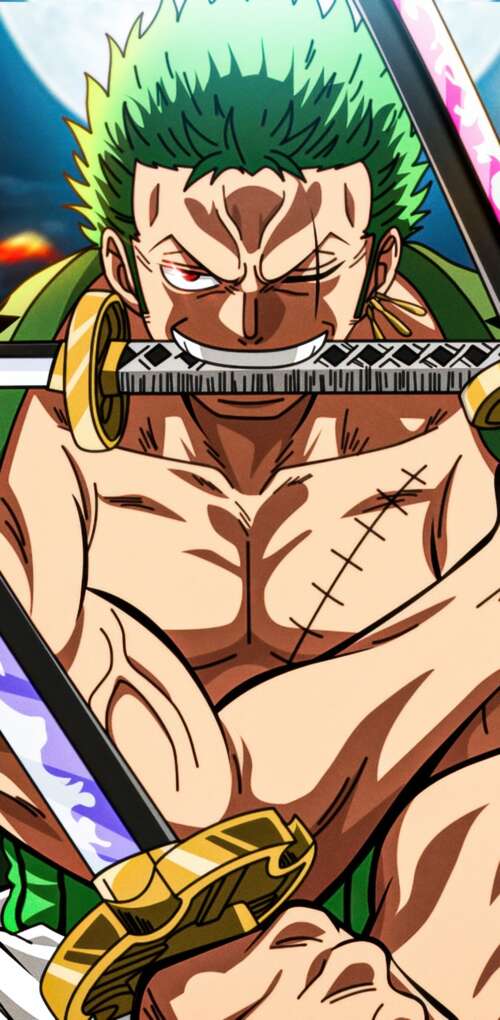 Detailed illustration of Roronoa Zoro from One Piece performing his iconic Three... Huawei Mate 30 Pro wallpaper download