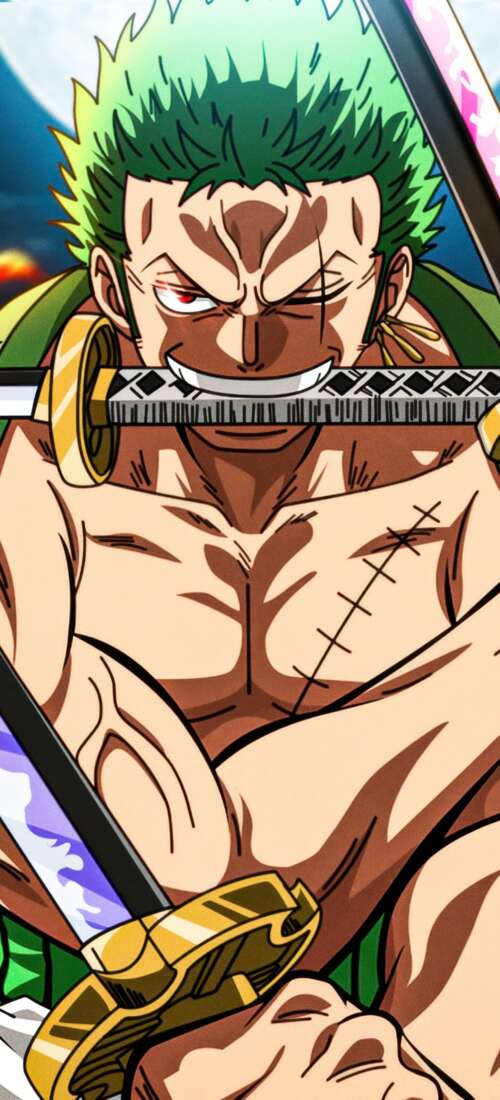 Detailed illustration of Roronoa Zoro from One Piece performing his iconic Three... Honor Power2 background images hd