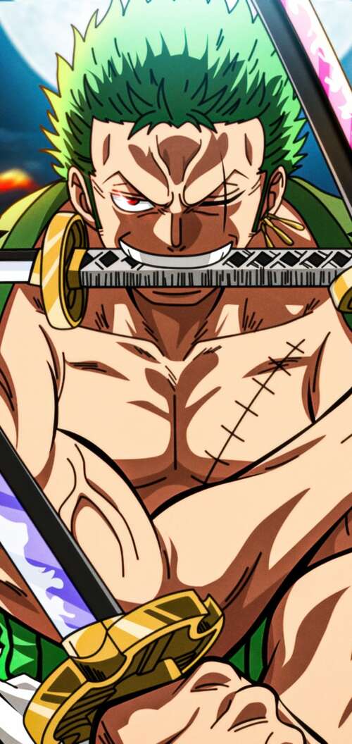 Detailed illustration of Roronoa Zoro from One Piece performing his iconic Three... Oppo A6 high definition wallpaper