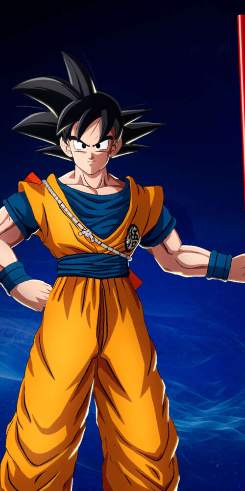 Son Goku holding his Power Pole against a dark blue background, Dragon Ball Sparking... Doogee Fire 3 Ultra lock screen wallpaper