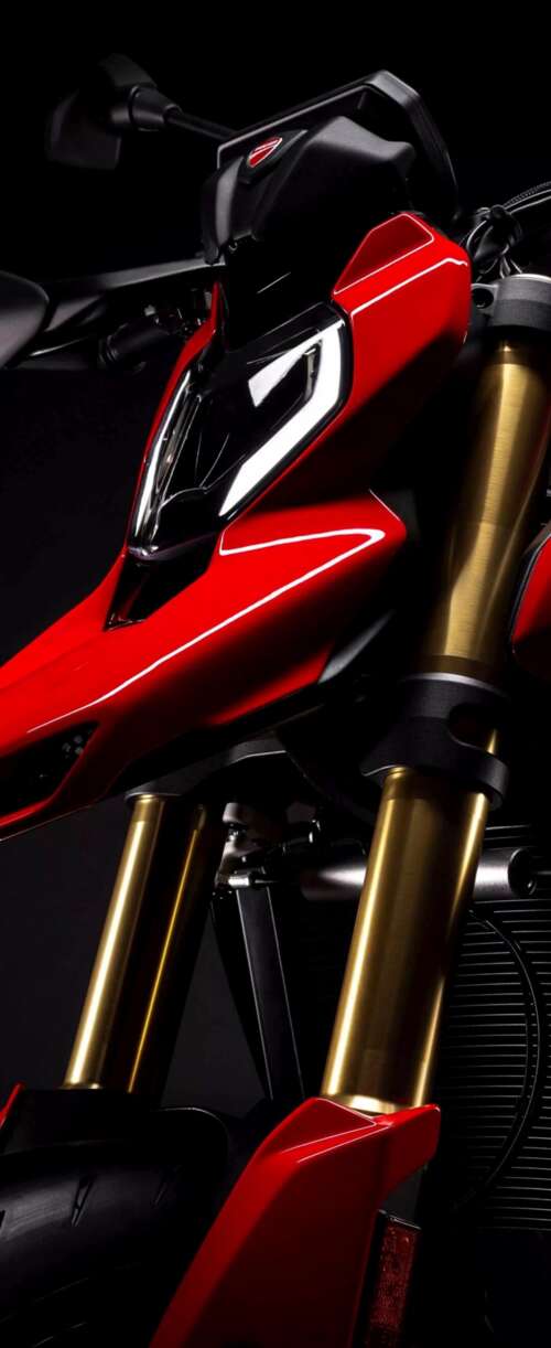 A high-detail, cinematic shot of a 2026 Ducati Hypermotard V2 motorcycle positioned... Samsung Galaxy Z Flip7 FE high definition wallpaper
