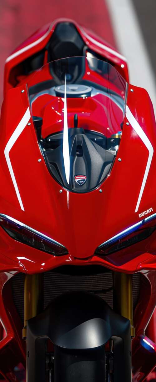 A sleek, red 2026 Ducati Panigale V4 R sports motorcycle in high detail. Samsung Galaxy Z Flip7 FE wallpaper download