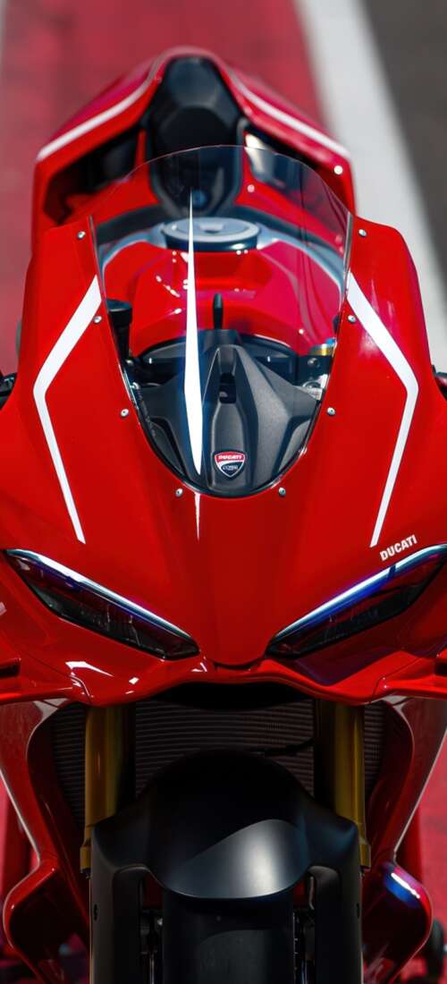 A sleek, red 2026 Ducati Panigale V4 R sports motorcycle in high detail. Huawei Pura 80 download free phone wallpaper