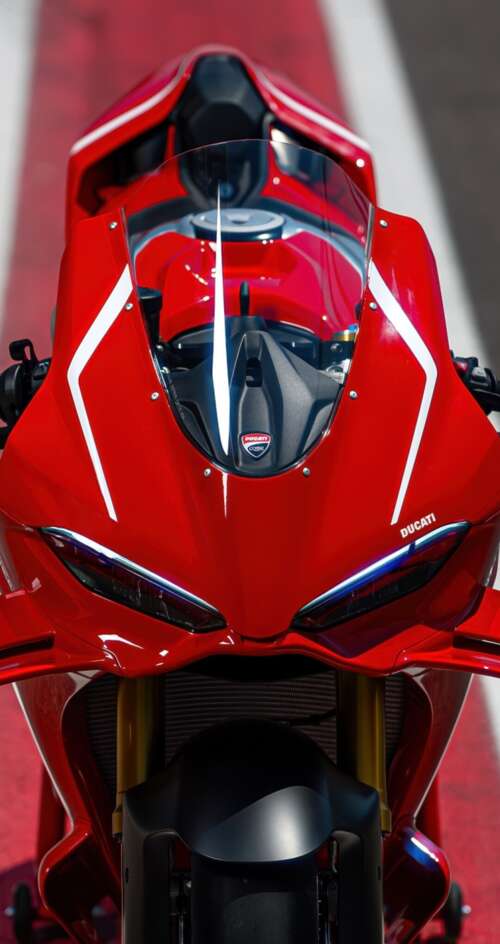 A sleek, red 2026 Ducati Panigale V4 R sports motorcycle in high detail. Sharp Aquos C10 free wallpaper