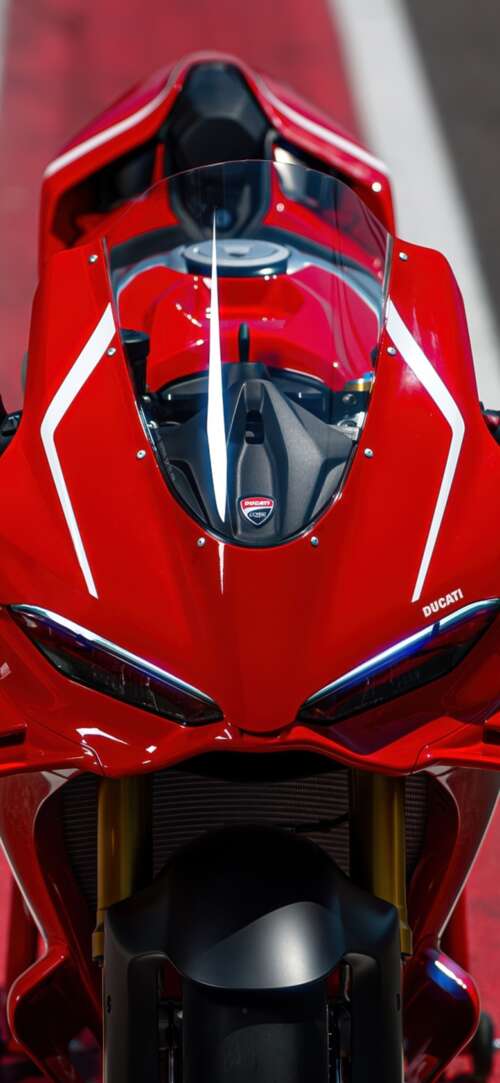 A sleek, red 2026 Ducati Panigale V4 R sports motorcycle in high detail. Xiaomi Redmi 15 4G download free wallpaper for phone