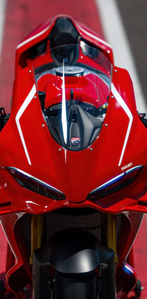 A sleek, red 2026 Ducati Panigale V4 R sports motorcycle in high detail. Huawei Mate 30 Pro free wallpaper