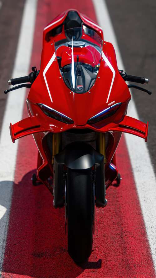 A high-detail view of a red 2026 Ducati Panigale V4 R sports motorcycle featuring... Apple iPhone SE 2022 hand phone wallpaper