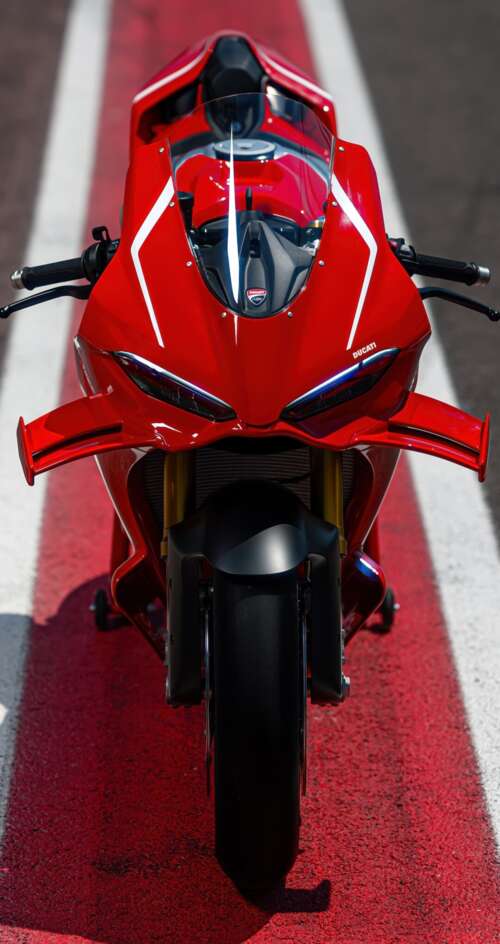A high-detail view of a red 2026 Ducati Panigale V4 R sports motorcycle featuring... Sharp Aquos C10 wallpaper photo gallery download