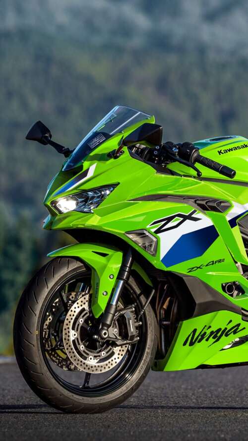 A sleek and futuristic 2026 Kawasaki Ninja ZX-4RR motorcycle featuring signature... Apple iPhone SE 2022 mobile wallpaper