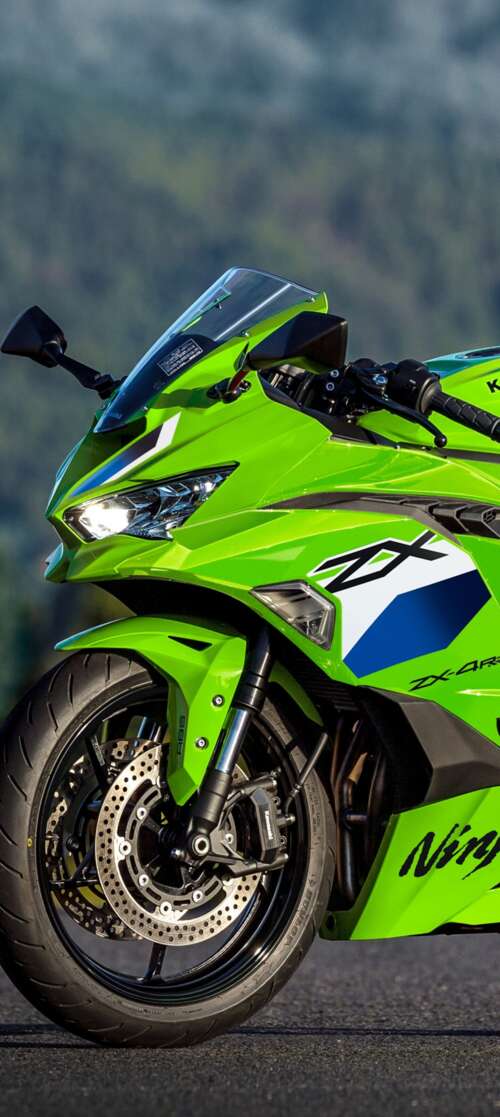 A sleek and futuristic 2026 Kawasaki Ninja ZX-4RR motorcycle featuring signature... Vivo iQOO Z10 Turbo download free phone wallpaper