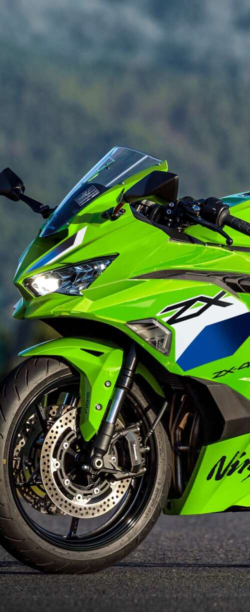 A sleek and futuristic 2026 Kawasaki Ninja ZX-4RR motorcycle featuring signature... Samsung Galaxy Z Flip7 FE wallpaper images