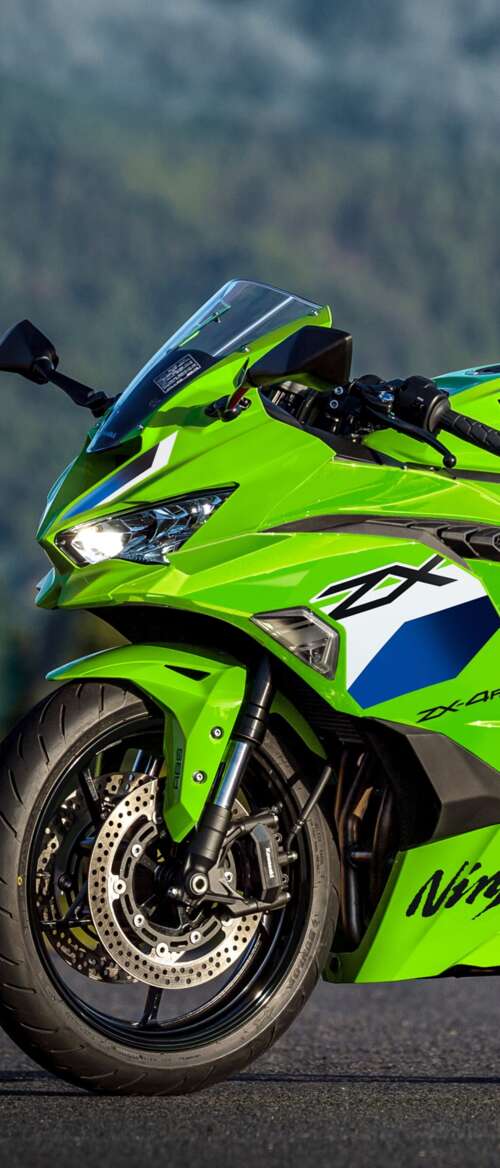 A sleek and futuristic 2026 Kawasaki Ninja ZX-4RR motorcycle featuring signature... nubia Flip 3 cell phone backgrounds free