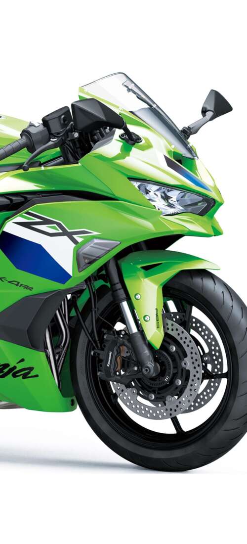 A high-detail rendering of the 2026 Kawasaki Ninja ZX-4RR motorcycle on a plain white... download free phone wallpaper