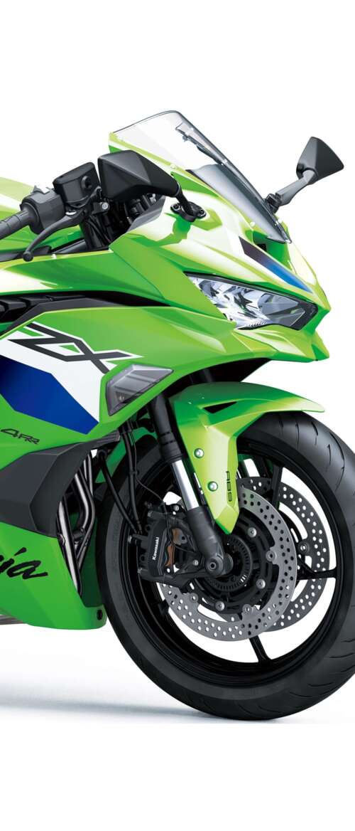 A high-detail rendering of the 2026 Kawasaki Ninja ZX-4RR motorcycle on a plain white... nubia Flip 3 wallpaper download