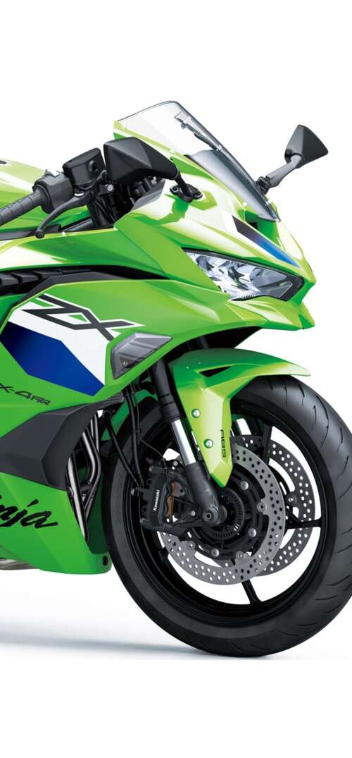 A high-detail rendering of the 2026 Kawasaki Ninja ZX-4RR motorcycle on a plain white... UmiDigi Umidigi X download free phone wallpaper