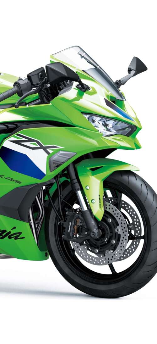 A high-detail rendering of the 2026 Kawasaki Ninja ZX-4RR motorcycle on a plain white... Oppo K13 Turbo Pro free background
