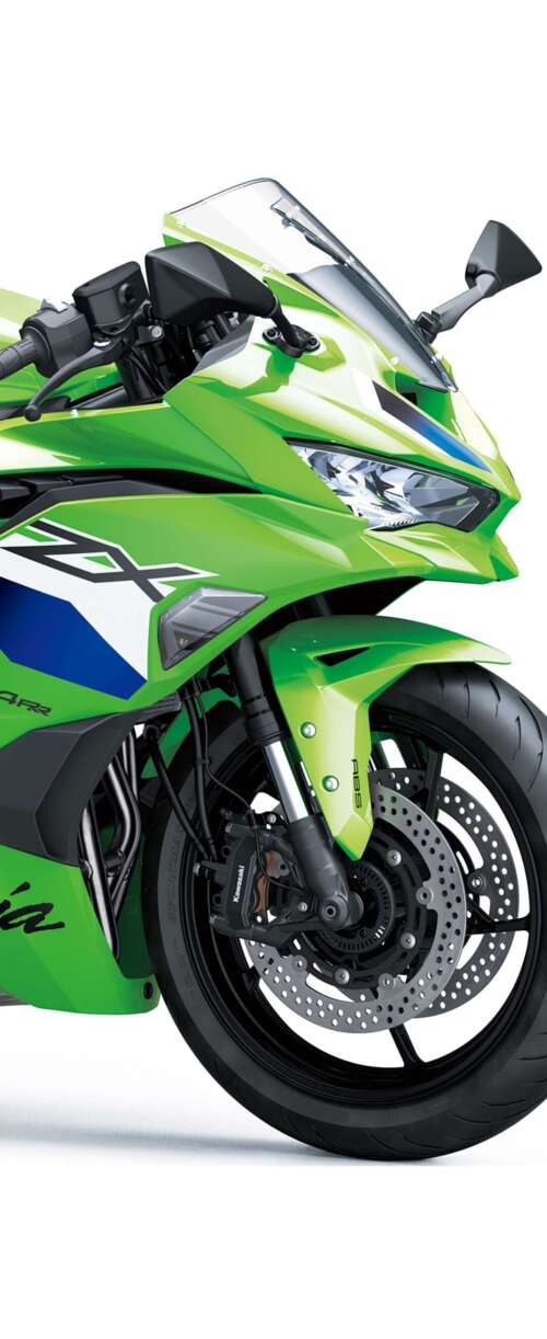 A high-detail rendering of the 2026 Kawasaki Ninja ZX-4RR motorcycle on a plain white... Samsung Galaxy Z Flip7 FE mobile wallpaper