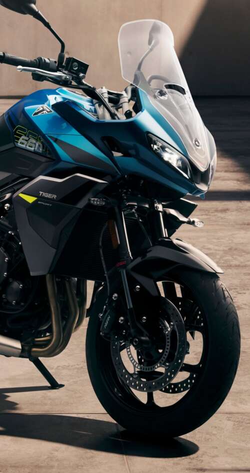 Close-up view of the 2026 Triumph Tiger Sport 660 adventure touring motorcycle Sharp Aquos C10 hand phone wallpaper
