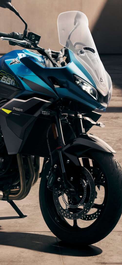 Close-up view of the 2026 Triumph Tiger Sport 660 adventure touring motorcycle Xiaomi Redmi 15 4G mobile wallpaper